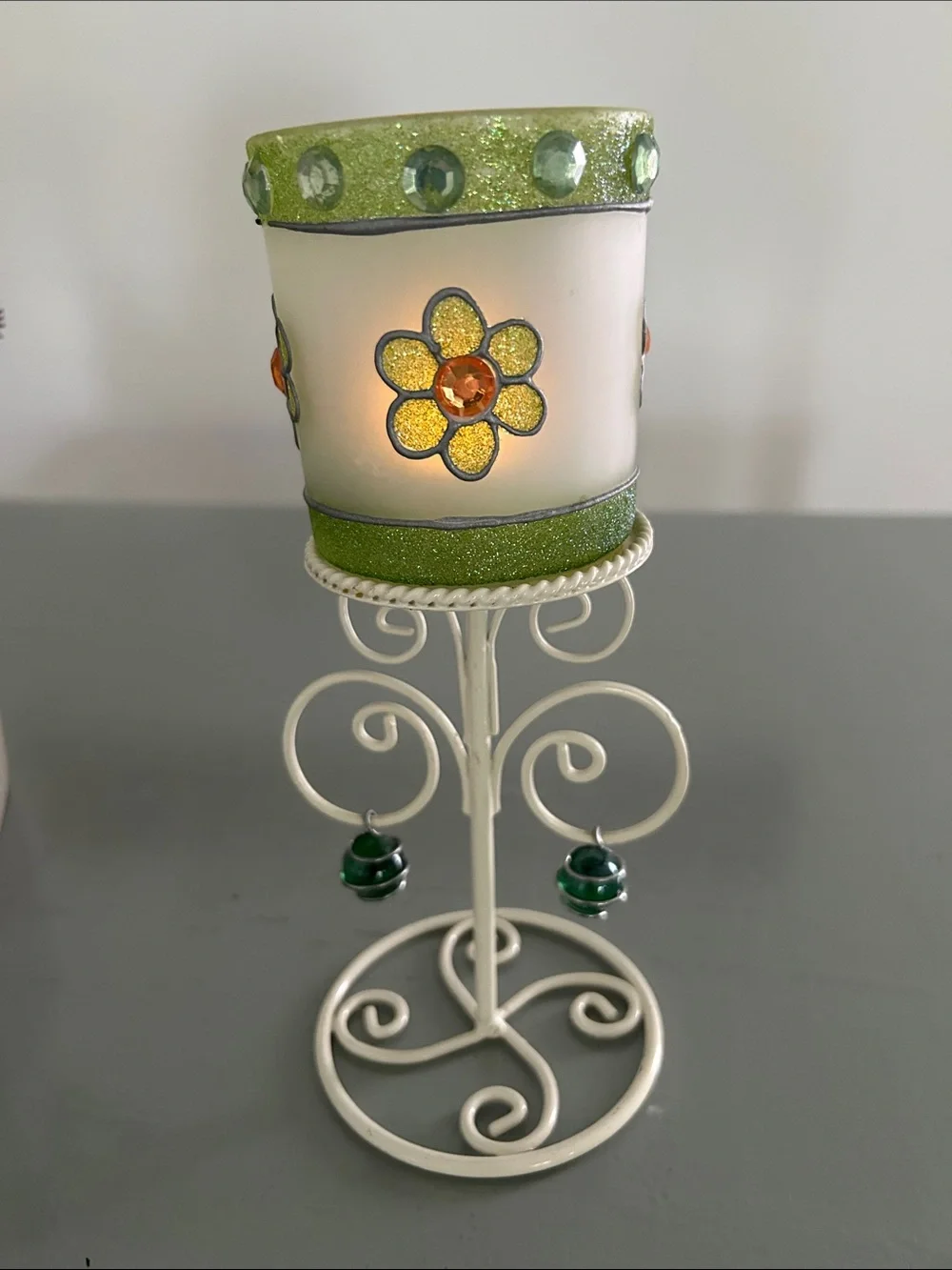 Tea Light green flowered candle holder with green gems H 8.5 inches
